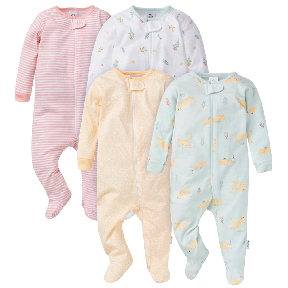 Gerber Baby Girls 4-Pack Sleeper One-Pieces in Pink, White, Yellow, Mint